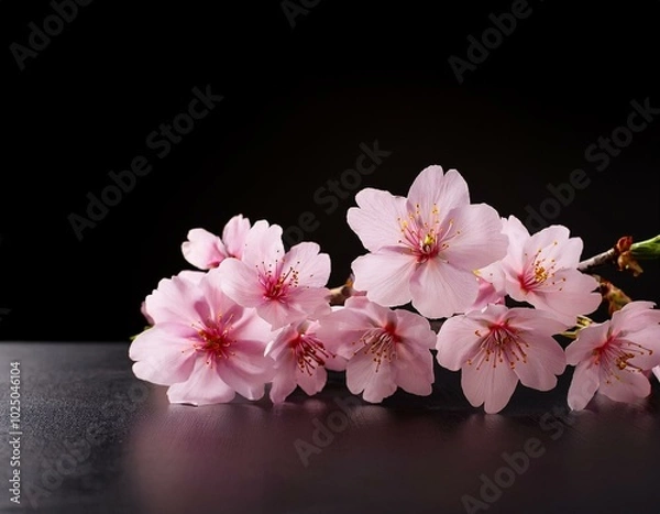 Fototapeta pink cherry blossoms flowers on the table with black background