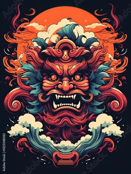 Fototapeta Fierce Red Oni Demon with Open Mouth and Teal Hair in Front of an Orange Sun and Waves