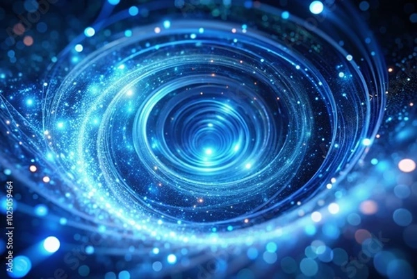 Fototapeta Blue Light Spiral with Glowing Particles Creating a Dynamic Vortex Effect on Dark Background for Abstract Visuals