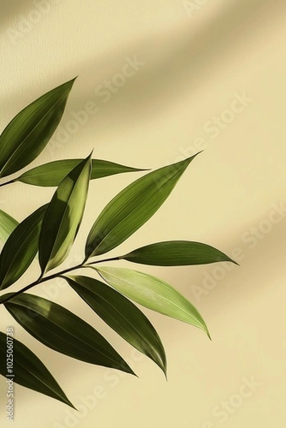 Fototapeta Array of green leaves against a pale background casting soft shadows, evoking tranquility and natural elegance.