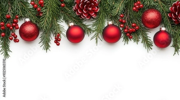 Fototapeta Christmas tree ornaments and garlands scattered across a white background, creating a festive holiday arrangement.
