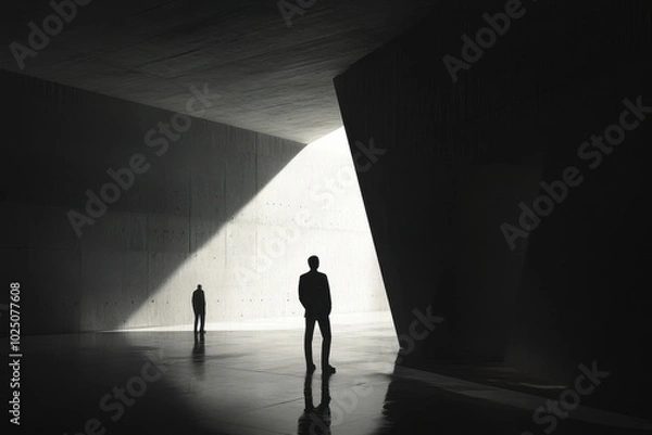 Fototapeta A man stands in the dark, silhouetted against the light from an opening at one end of an underground concrete platform with modern architecture Generative AI