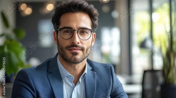 Obraz Portrait of an investor with a focused look, participating in an office meeting. Simple setting, emphasizing confidence and engagement.