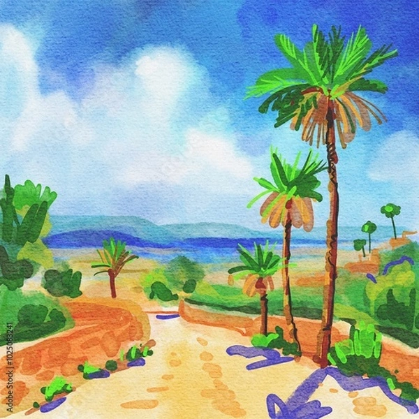 Fototapeta Hand drawn landscape on North Africa. 