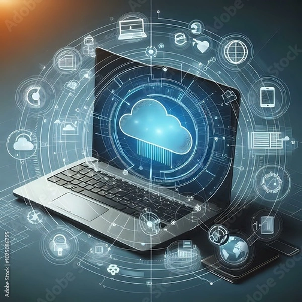 Obraz Cloud Computing and Data Integration on a Laptop Screen