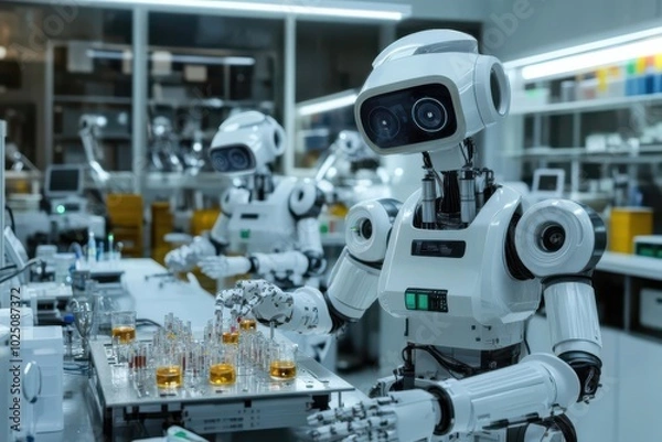 Fototapeta High-tech laboratory with multiple robotic assistants testing new compounds, Drug Discovery, automation, future lab, scientific advancement