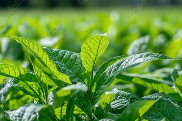 Fototapeta Close-up of vibrant green plant leaves in a field setting.