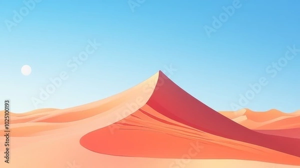 Fototapeta A single sand dune in a vast desert, with clean lines and minimal details, under a clear blue sky with no clouds