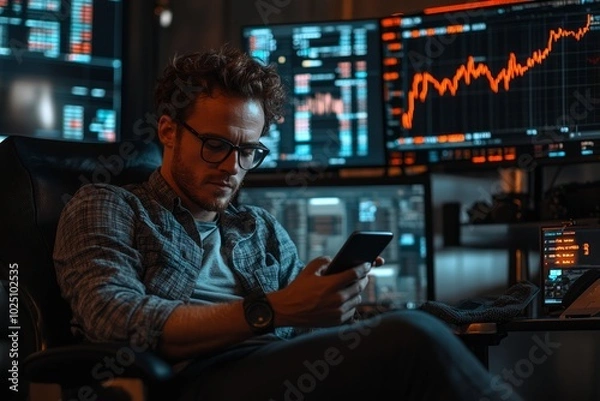 Obraz Crypto Trader Analyzing Market Trends at Workstation