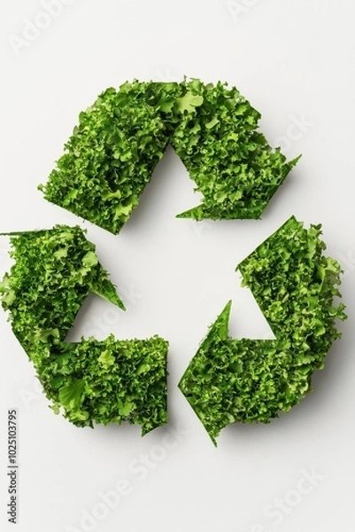 Fototapeta Green recycling symbol made of fresh leaves on a white isolated background.