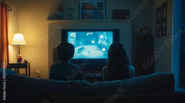 Fototapeta Two siblings playing video