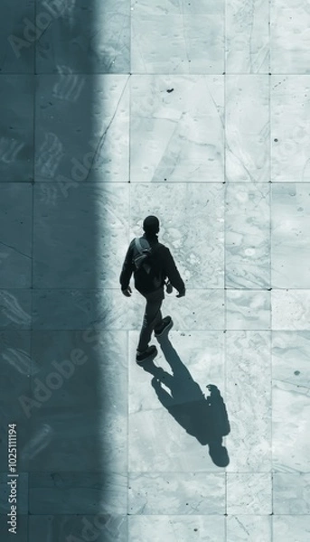 Obraz A man walks away from the camera, his silhouette cast long and stark against the tiled ground.