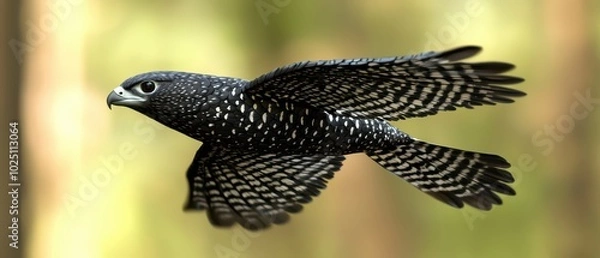 Fototapeta A majestic bird in flight, showcasing intricate feather patterns against a blurred natural background.