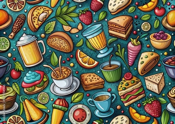 Fototapeta Cute Seamless Doodle Pattern with Food, Drinks, and Utensils for Cafe Wallpaper and Vector Print Design