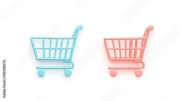Fototapeta Two colorful shopping carts in blue and pink, ideal for illustrating retail, shopping, or online commerce concepts.