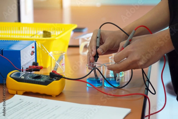 Obraz Students use a digital multimeter to measure electrical potential differences in a chemistry experiment on galvanic cells. soft and selective focus.