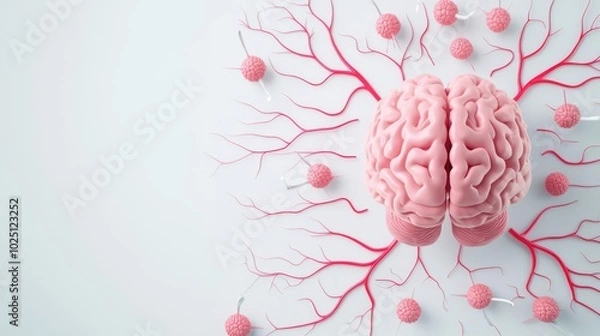 Fototapeta A conceptual representation of a brain with red neurons and cells illustrating neural connections and brain functions.