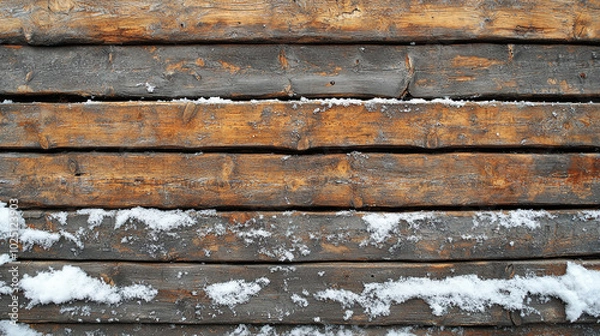 Fototapeta Close Up Textue of snow covered wooden planks. Snowy winter background texture