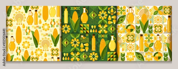 Fototapeta Seamless geometric patterns with icons of corn cob, maize grains, kernels, corn oil. For branding, decoration of food package, decorative print for kitchen.