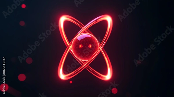 Fototapeta Abstract illustration of a red atom with glowing orbitals on a dark background, symbolizing energy and scientific concepts.