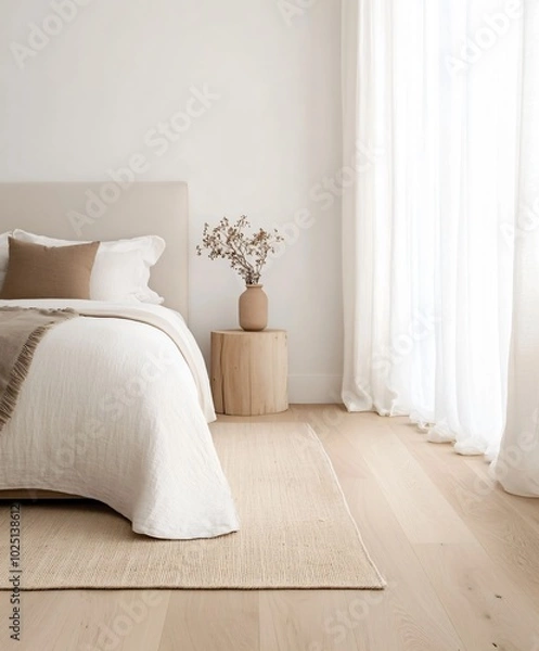 Obraz minimalistic bedroom with neutral tones and rug