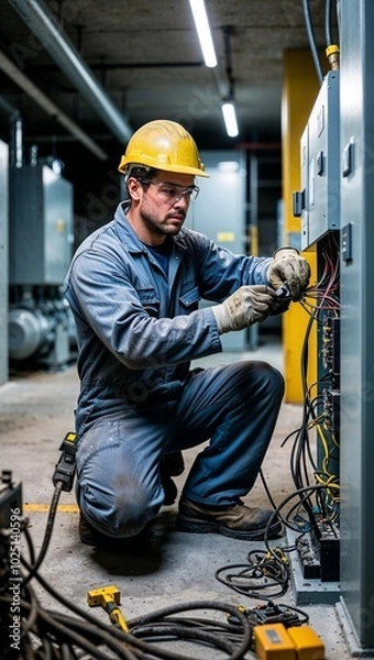 Fototapeta Maintenance Worker Inspects Electrical Panels, Tests Circuits, and Resolves Issues in the Plant