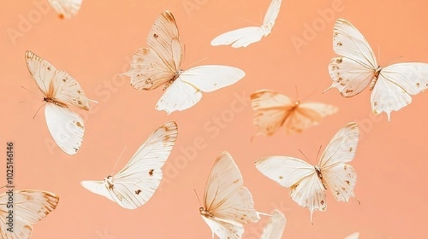 Obraz   Pink backdrop with white butterflies flying, except for one on the left