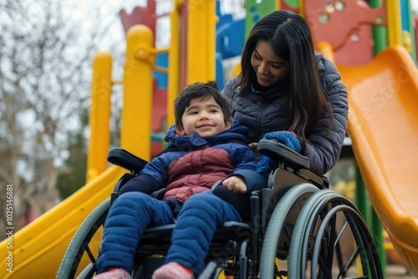 Fototapeta A person assisting a young child in a wheelchair, highlighting the importance of accessibility and support