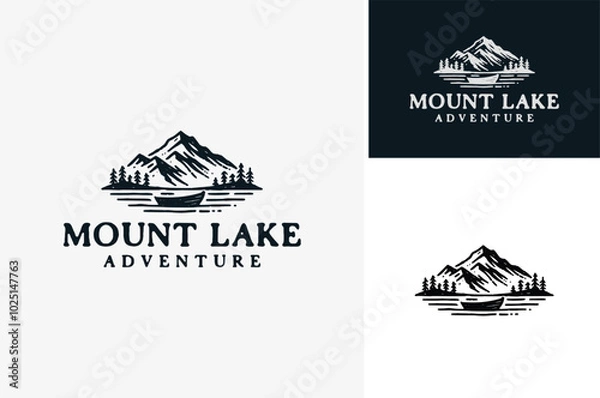 Fototapeta A Mountain scene with Pine Trees Forest and Lake with a boat. Rough Rustic Vintage Drawing for Adventure Outdoor logo design