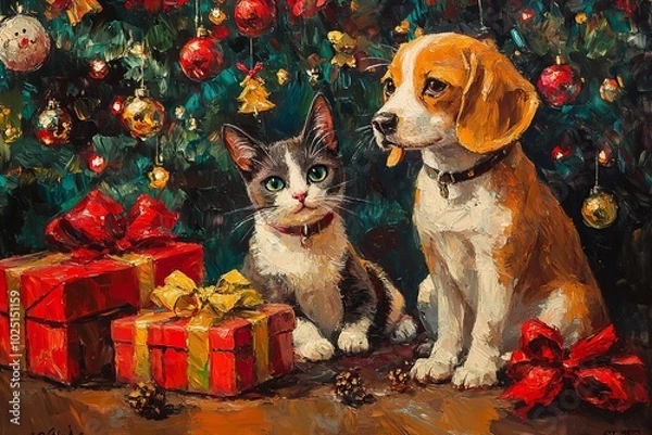 Obraz Festive Christmas scene featuring a cat and dog in oil painting style with holiday decorations, cozy atmosphere, and festive tree new beautiful stock image illustration AI