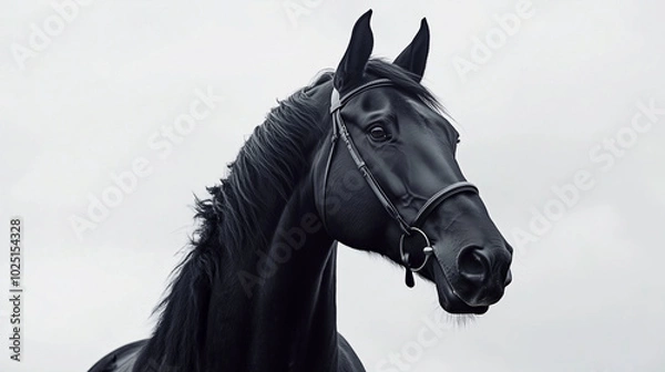 Fototapeta A black horse with a thick mane, photographed against a white, uniform background, emphasizing its elegant appearance and the nobility of the breed
