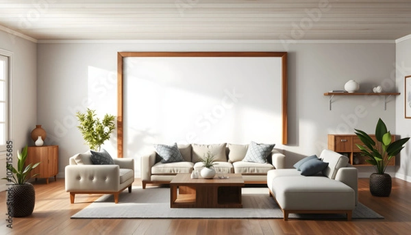 Fototapeta Mockup frame in farmhouse living room interior, 3d render isolated with white highlights, png