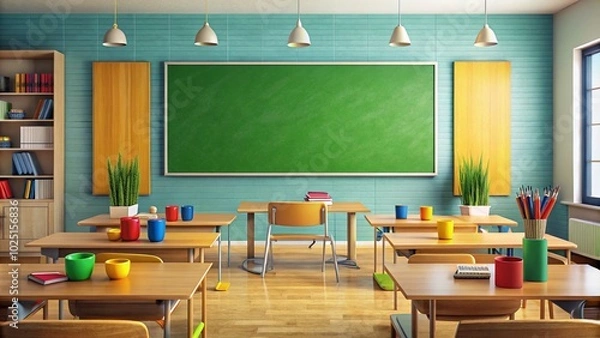 Fototapeta Empty Classroom with School Supplies and Blackboard - Ideal for Educational Themes and Classroom Decor Banners