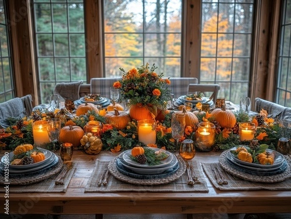 Fototapeta A decorated Thanksgiving table with autumn leaves and candles, shot from a wide angle to capture the full spread and atmosphere. 