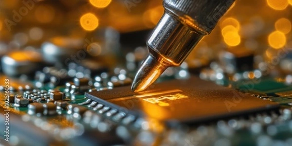 Fototapeta A close-up shot of a finger touching a circuit board, highlighting the intricate details and electronic components