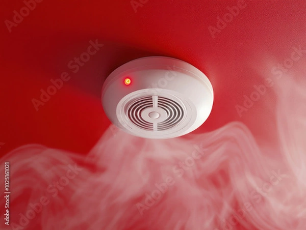 Obraz Smoke detector with alarm light in red environment.