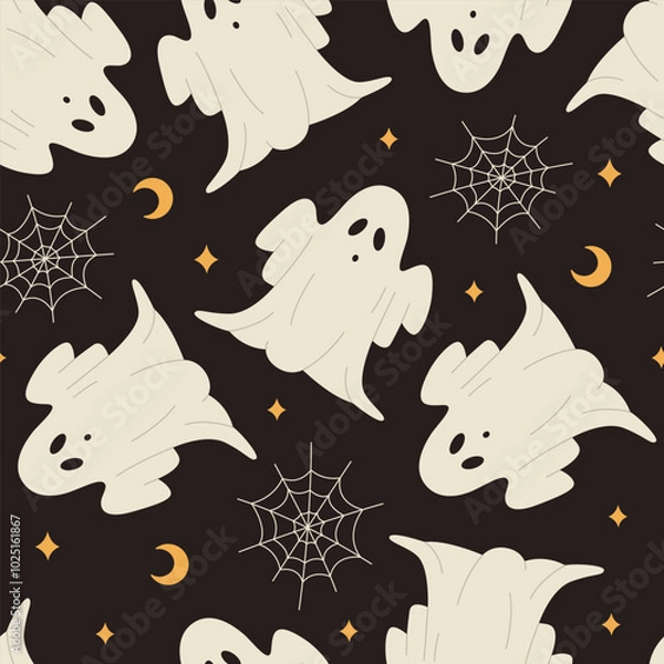 Obraz Seamless pattern with ghosts, webs, moons and stars on black background. Spooky Halloween night. Funny monsters. Vector flat illustration