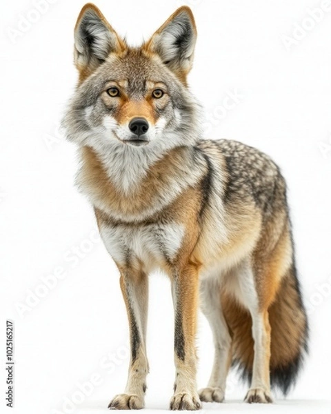 Fototapeta A coyote standing alert with its ears raised, isolated on white background 