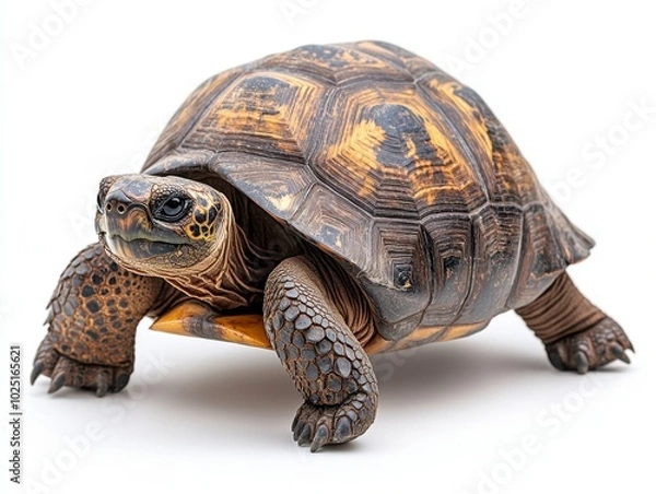 Fototapeta A giant tortoise slowly moving forward, isolated on white background 