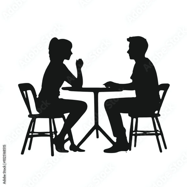 Fototapeta A young Caucasian man and woman sitting at a table, engaged in conversation