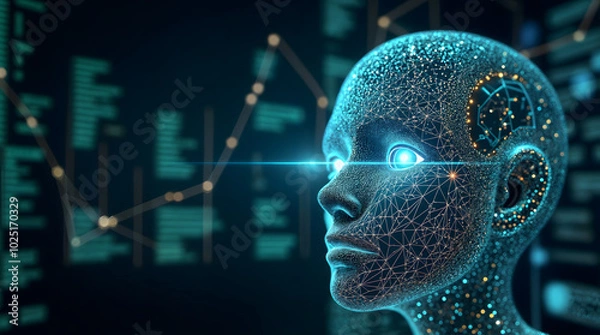 Fototapeta Digital human head with glowing eye and neural network connections in futuristic interface