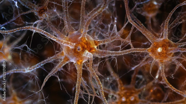Fototapeta neurons in brain, scientific macro photo, brain activity, microorganism, microscope, biology, chemistry, anatomy, plasma, cell, molecule, nucleus, dendrite, axon, neurobiology