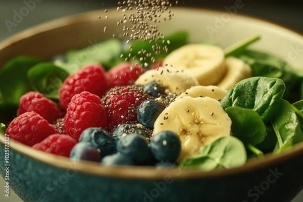 Fototapeta A colorful mix of fresh fruits and greens in a bowl