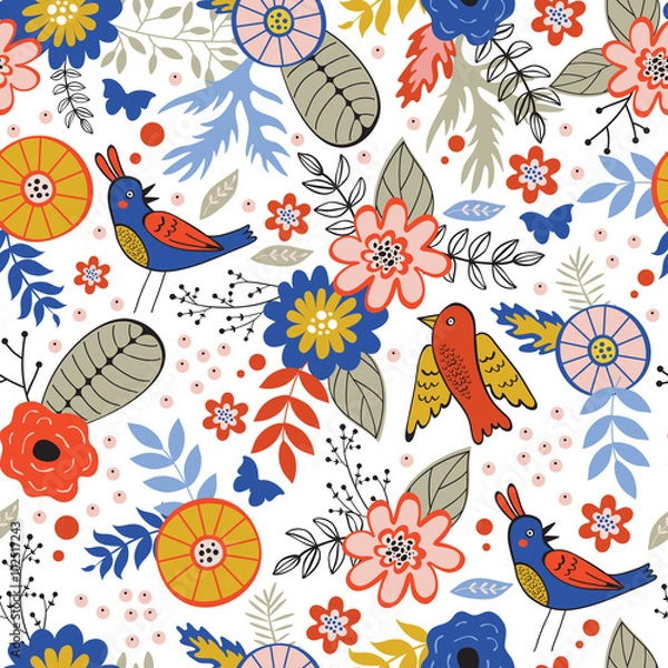 Obraz Colorful seamless pattern with birds and blooming flowers
