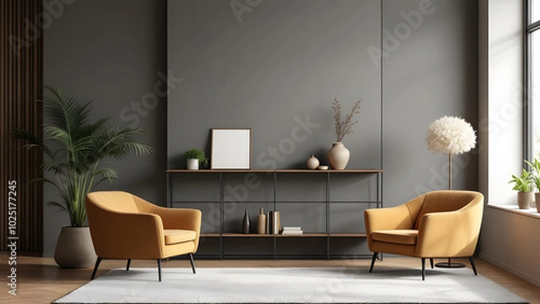 Fototapeta A chic and modern salon interior featuring a shelf with stylish accessories, comfortable armchairs, and sleek décor elements,