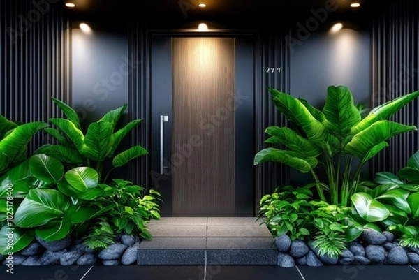 Fototapeta Hyper-realistic close-up of a residential homeâ€™s front door, showing the fine details of the wooden texture, hardware, and surrounding plants