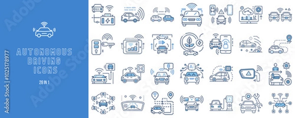 Fototapeta Autonomous driving icons set in blue line art style on white background