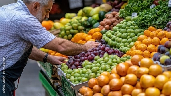 Obraz Colorful market stall with fresh fruits and vegetables, representing healthy eating and sustainable living