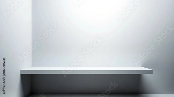 Fototapeta A clean, minimalist interior showcasing a wide white shelf positioned in the corner of a light gray wall, creating a serene and spacious atmosphere