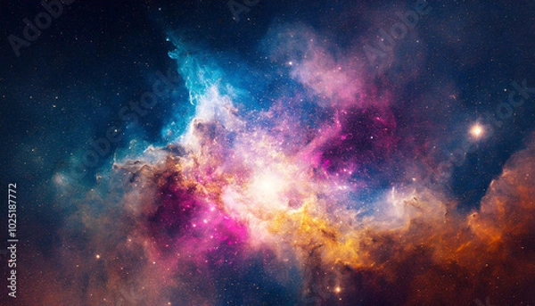 Fototapeta Vibrant cosmic nebula filled with colorful gases and stars, captured in the depths of space during a clear celestial observation